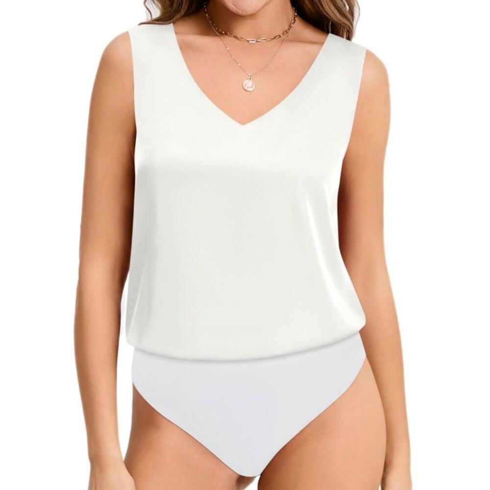 Women’s V Neck Satin Sleeveless Bodysuit